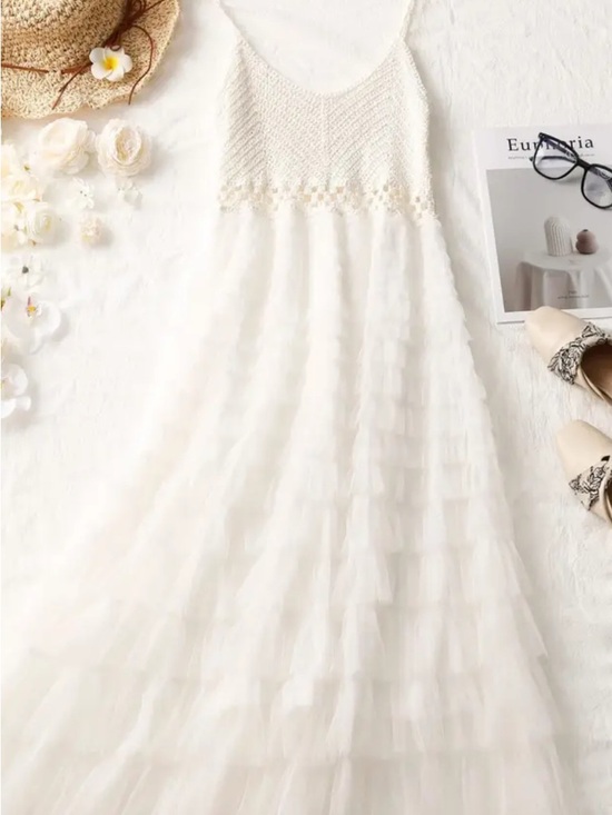 Dresses & Skirts - White Tiered light romantic summer Tulle Dress with Crochet Bodice. Brand New !